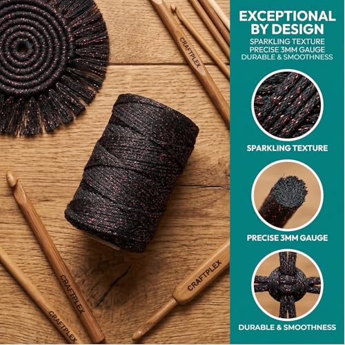 3mm Sparkle Polyester Macramé Cord - 150g/66yds Metallic Glitter Braided Cord for Crocheting Bags, Baskets, Macramé Plant Hangers & DIY Crafts, Machine Washable (15#Black Red) - color: 15#black Red