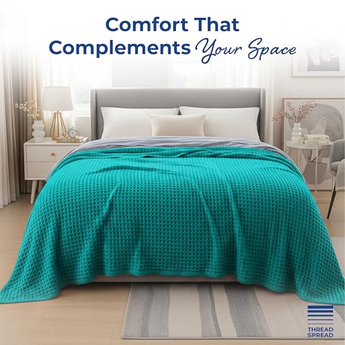 THREAD SPREAD 100% Cotton Waffle Twin Size Blanket for Bed - Soft Lightweight Breathable Waffle Weave Twin Blanket for All Season, Textured Throw Blankets for Bed, Sofa, Hotel, Hospital - Teal - color: Waffle - Teal, size: Twin / Twin XL