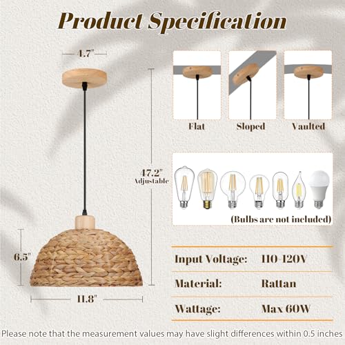 12" Boho Rattan Pendant Lights 1-Light Hand Woven Pendant Light Wicker Light Fixtures Ceiling Hanging for Kitchen Island Bedroom, Living Dining Room,Foyer