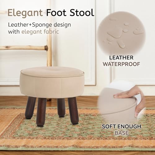 oakvivo 13in Small Foot Stool Ottoman, Round Faux Leather Foot Rest for Couch, Under Desk Pouf Footstool Footrest with Non-Skid Rubber Legs for Ling Room, Bedroom, 13''L x 13''W x 10.2''H, Beige - color: Beige