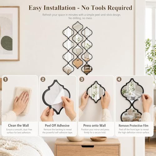 12Pcs Acrylic Mirrors for Wall Decor - Moroccan Mirrors wall Stickers,DIY Self-Adhesive Decorative Mirror Tiles for Living Room, Bedroom, Office, and Wedding Party Decor - color: Black