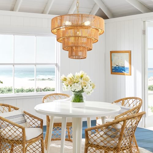 Boho Pendant Light Fixtures,15.7" Rattan Hanging Lamp for Kitchen Island,5-Light Hand-Woven Chandelier Height Adjustable,Natural Wicker Lamps for Dining Room Living Room Bedroom Hallway Entryway,Brown - color: 15.7" Brown
