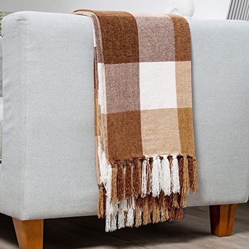 RECYCO Buffalo Paid Chenille Throw Blanket for Couch, Soft Cozy Decorative Buffalo Check Blanket Throw with Tassels for Bed Sofa, Lightweight Chenille Knitted Throw, Plaid Brown Off White, 50'' x 60'' - color: Plaid Brown Off White, size: 50'' X 60''