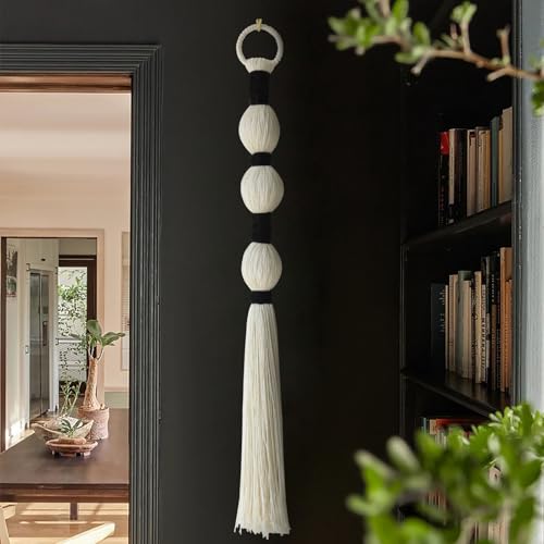 IOWER Macrame Wall Hanging Boho Wall Decor Small Sphericity Cotton Textile Tassel Hanging Fiber Yarn Art for Living Room Bedroom 27'' L x 2.3'' W - color: Ivory and Black
