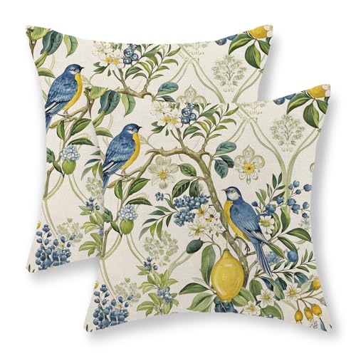 Chinoiserie Pillow Covers 16x16 Inch 2 Pcs Vintage Blue Green Floral Bird Decor Throw Pillows Boho Yellow Lemon Flower Spring Summer Outdoor Decoration Pillowcase Linen Cushion Cover for Couch - color: Chinoiserie Lemon Floral Bird, size: 16" x 16" (Pack