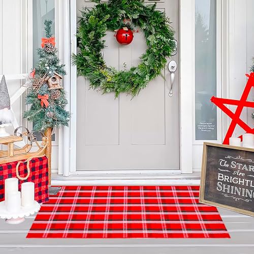 Ckorzen Red Green and White Plaid Rug, 28" x 43" Christmas Front Porch Outdoor Rug, Handwoven Cotton Washable Rug for Layered Door Mats, Holiday Entryway and Home Décor - color: Red-green & White, size: 2'4" x 3'7" (Rectangular)
