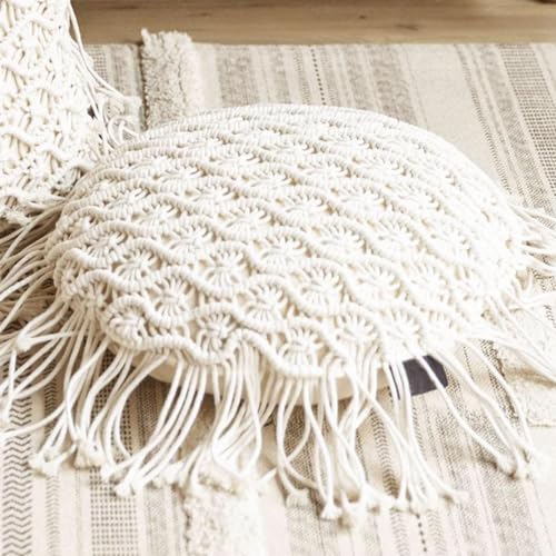 Boho Cushion Covers Hand Woven Pillowcase Round Shape Pillow Cover with Tassel Macrame for Bed Couch Car Home Decor Cream