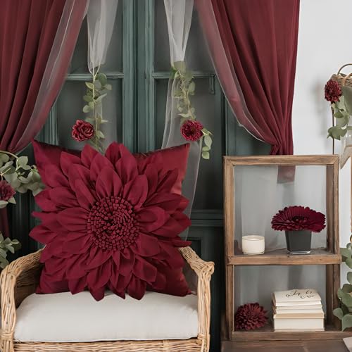 Bella's Giftshop 3D Sunflower Decorative Throw Pillow Covers for Bed Sofa Couch Car, Accent Floral Taffeta Cushion Cover, Handmade Pillow Cases Living Room Decor, 17x17 Inch-Burgundy - color: Burgundy