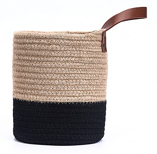 Wall Hanging Storage Baskets - Small Cotton Rope Woven Closet Storage Bins-Shelf Basket Organizer for Plants, Towels,Toys - 6.3" x 7" (Jute & Black) - color: Jute & Black