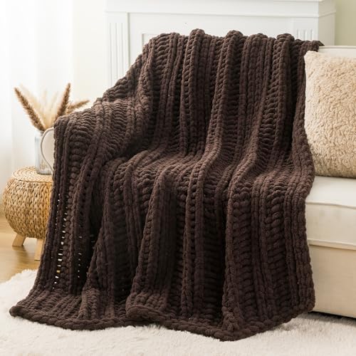 Battilo Chunky Knit Throw Blanket for Couch, Hand Made Chenille Throw Blanket, Super Soft Warm Cozy Brown Blanket for Bed, Sofa, Living Room, 50"x60" - color: Brown