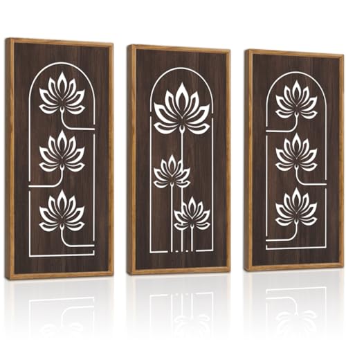 KAIRNE Lotus Wooden Wall Art,Floral Vintage Farmhouse Room Boho Decor,Set of 3(16” X 8”),Framed Mandala Lotus Flowers Wall Decor,Bohemian Retro Wood Hanging Board for Living Room Yoga room Office Decoration - color: Lotus Wooden Wall Art, size: 8"L x 16"W