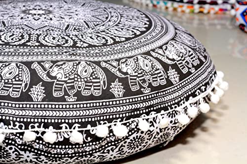 Round Mandala Floor Pillow Cover Seating Cushion Throw Cover Hippie Decorative Bohemian Ottoman Pouf Cover, Pom Pom Pillow Cases,Boho Indian 22 Inches (Black Elephant Flower) - color: Black Elephant Flower