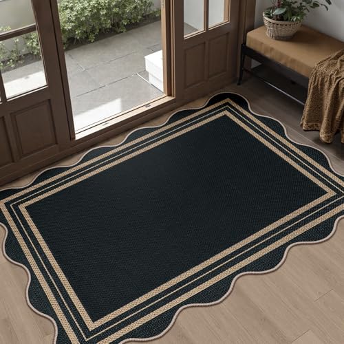 Easy Jute Black Front Door Mat, 2.6x4 Washable Entryway Rug Non Slip Small Kitchen Rug, Farmhouse Low Pile Floor Scalloped Rugs for Bathroom Porch Doorway - color: Black Geometric, size: 2.6'x4' (Rectangular)