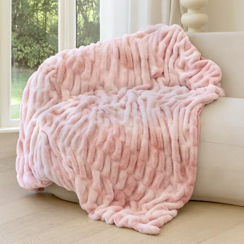 Faux Rabbit Fur Throw Blanket, Ultra Soft Plush Cozy Blanket for Couch Bed, Thick Fluffy Ruched Tie-Dye Decorative Blanket, Giftable,50"x60",Tie-Dye Pink - color: Tie-dye Pink, size: Throw(50"x60")