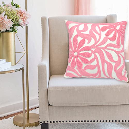 Alysheer Farmhouse Floral Leaves Embroidered Decorative Throw Pillow Cover 18x18 inches, Boho Tufted Flowers Embroidery Pattern Chic Cotton Cushion Case for Couch Bed Sofa Living Room(Light Pink) - color: Light Pink, size: 18" x 18" (Pack of 1)