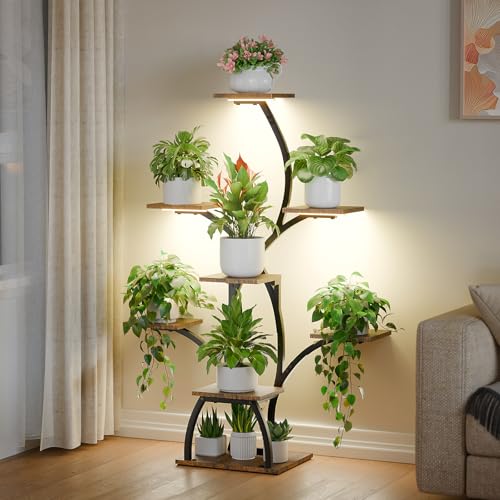 CODACE Plant Stand Indoor with Grow Lights, 6 Tiered Plant Shelf Indoor, 50" Corner Plant Stands for Indoor Plants, Lighted Tree-Shaped Plant Holder, Tall Flower Display Rack for Living Room - color: Black