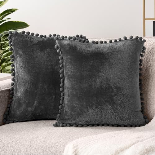 PAVILIA Dark Gray Throw Pillow Covers with Pom Pom 18x18 Set of 2, Decorative Pillow Cases for Bedroom Aesthetic, Small Throw Pillows Set for Bed, Velvet Euro Plush Cushion Covers for Sofa Couch - color: Dark Gray, size: 18" x 18" (Pack of 2)