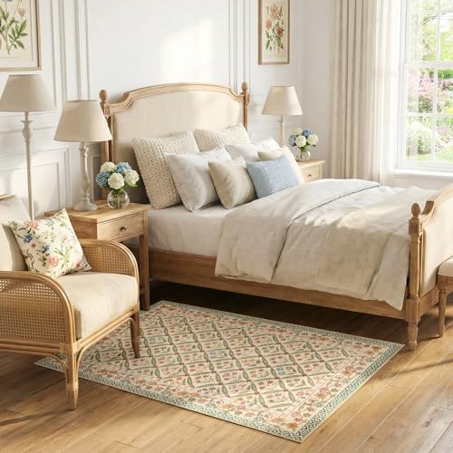 jinchan Haden Accent Rug 3x5 Vintage Floral Washable Rug for Bedside Entryway Soft Non-Slip Low Pile Small Carpet for Girls Dorm Small Living Room Cottage Indoor Decor Teal Blue - color: Teal Blue, size: 3' x 5' (Rectangular)