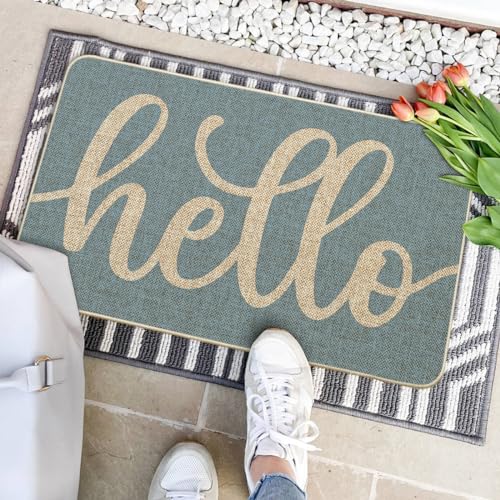 Artoid Mode Blue Hello Winter Doormat, Christmas Home Decor Low-Profile Switch Rug Door Mat Floor Mat for Indoor Outdoor 17x29 Inch - color: Blue, size: 17" x 29"