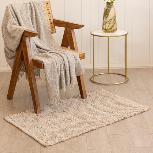 HOMEMONDE Jute Cotton Door Mat Hand Woven Rug 2 x 3 ft - Rectangle Natural Fiber Farmhouse Style Braided Rug for Entryway, Bedroom, Living Room, Hallway - color: Natural Jute, size: 2' x 3' (Rectangular)