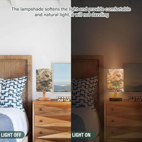 Small Table Lamp, Vintage Boho Botanical Bedside Table Lamp with Fabric Shade - Nightstand Lamp for Bedrooms, Dorm, Living Room