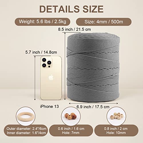 Macrame Cotton Cord 4mm x 547yds, ZUEXT Natural Handmade Light Grey Braided Cords 4 Strands Knitted Rope String for Craft Wall Hanging Weaving Tapestry Dream Catchers Hanger DIY Gift (500m) - color: Light Grey, style: 4mm x 500m
