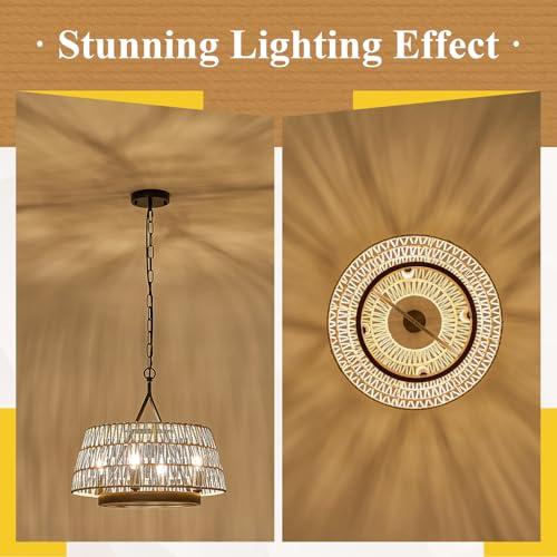 Boho Woven Chandeliers Hand Rattan Ceiling Pendant Lighting Rustic 4-Light 18" Hanging Light Fixture for Dining Room, Hallway, Entryway, Kitchen,Bedroom, E12 - size: Trapezoid-17.7''-V