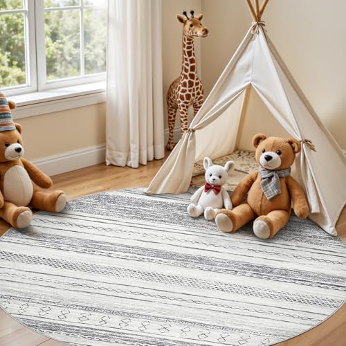 Tortania 5' Round Area Rug Living Room Rugs - Washable Large Soft Neutral Boho Moroccan Bohemian Farmhouse Rug Indoor Floor Carpet for Bedroom Under Dining Table Home Office Decor - Grey - color: Grey, size: 5' (Round)