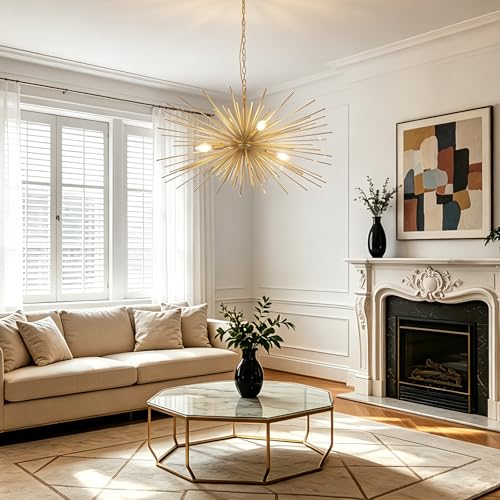 31in Modern Gold Sputnik Chandelier 4-Light Mid-Century Starburst Chandelier Light Fixture Over Table Large Satellite Chandeliers for Dining Room Foyer Entryway Kitchen Bedroom Living Room E12 - color: Golden 31" 4-Light