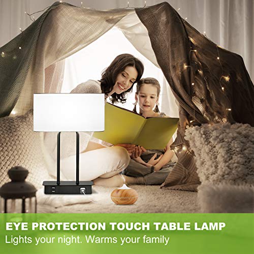 Bedside Touch Control Table Lamp with Dual USB Charging Ports 1 AC Outlet, 3 Way Dimmable Modern Nightstand Lamp with White Fabric Shade, Desk Lamp for Bedroom Living Room Office with 5000K LED Bulb - color: White