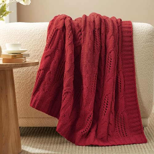Amélie Home Chunky Knit Throw Blanket, Reversible Soft Chenille Breathable Cable Knitted Blanket for Couch and Sofa, Farmhouse Decorative Throw for Chair, 50"x60", Christmas Red - color: Christmas Red, size: Cable Knit 50"x60"