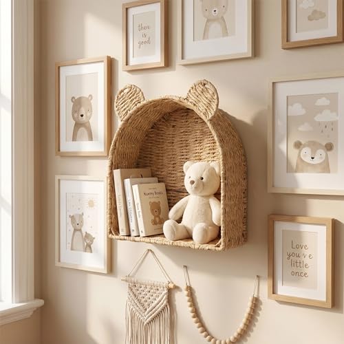 Arched Bear Nursery Wall Shelf, Handwoven Wicker Nursery Shelf for Wall, Wall Mounted Nursery Bookshelf for Small Books, Toys & Décor - color: Beige