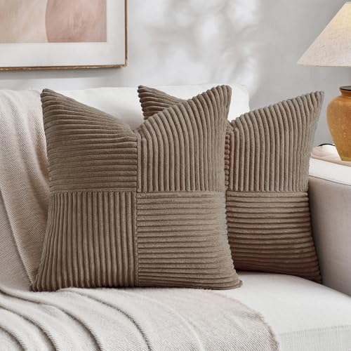Fancy Homi Set of 2, Light Brown Patchwork Corduroy Decorative Soft Striped Modern Accent Cushion Case Farmhouse Boho Neutral Throw Pillow Covers for Chair Couch Bed Sofa Living Room 12x12 Inch - color: Light Brown, size: 12" x 12" (Pack of 2)