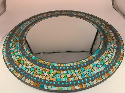 Handcrafted Decorative Wall Mirror, 24in Turquoise Mosaic, Coffee Brown, Green, Round, for Hallway, Bedroom, Bathroom, Living Room - color: Turquoise, Coffee Brown, Green