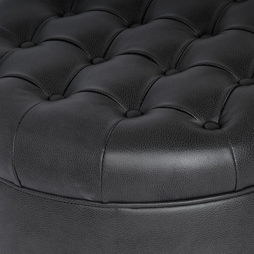 HomePop 25" Button Tufted Round Storage Ottoman - Black Faux Leather - color: Black Faux Leather
