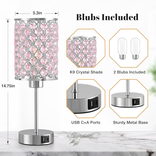 GyroVu Pink Crystal Table Lamp, Touch Control Bedside Lamps with USB-C+A Charging Ports, Dimmable Nightstand Small Desk Lamp Set of 2 for Girl Bedroom, Living Room, Office(Buld Included) - color: Pink-2, size: 14.75"