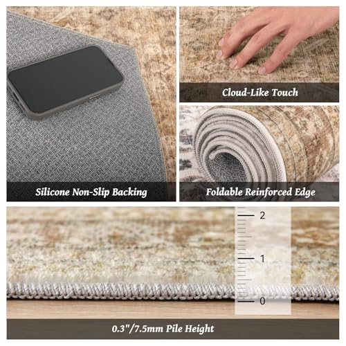 Washable 3x5 Entryway Rug, Boho Non-Slip Vintage Distress Small Rugs for Kitchen Nursery Office Bedroom, 0.3" Neutral Oriental Throw Thin Carpet with Cushioning Pad, Brown/Multi, C1 - color: Brown/Multi, size: 3' x 5' (Rectangular)