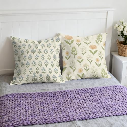 Blue Green Block Throw Pillow Covers 18x18 Set of 4, Vintage Floral Spring Decorative Cushion Cases for Couch Sofa and Bedroom Pillcases Home Decor for Living Room - color: Blue Green Block