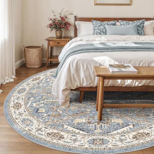 8x8 Round Area Rugs for Living Room-Washable Soft Large Vintage Rug Non-Slip Stain Resistant Traditional Stain Resistant Indoor Floor Low Pile Carpet for Bedroom Dining Room or Home Office- Blue - color: Blue, size: 8' x 8'
