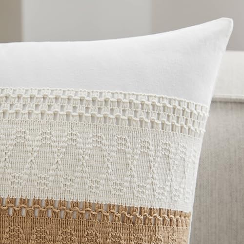 Soft Cotton Boho Throw Pillow Covers Set of 2, Natural White/Contrast Brown 16x16 Inch, Tan Farmhouse Decorative Cushion Covers for Sofa Bed Living Room Home Decor - color: Natural White/Contrast/Brown, size: 16" x 16" (Pack of 2)