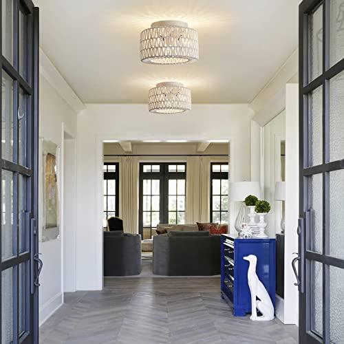 Rattan Light Fixtures Ceiling Mount, 3-Lights Boho Flush Mount Ceiling Light, Hand-Woven Cage Shade Lamp Lighting, Rustic Rattan Chandelier for Hallway Bedroom Kitchen Farmhouse Foyer Entryway (White) - color: White, size: Small