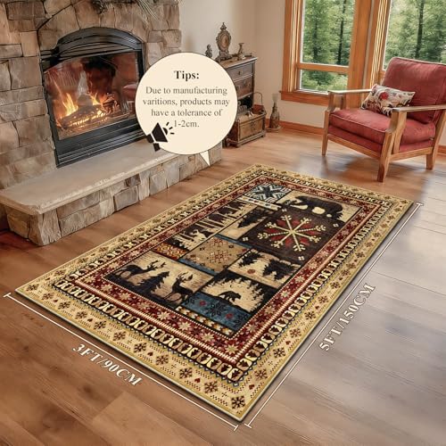 LOKHOM Vintage Bear Area Rug 3x5 Washable Bedroom Rug, Rustic Western Buffalo Bear Decor Living Room Rug, Non Slip Soft Low Pile Area Carpet for Bedroom Kitchen Bathroom - color: Vintage Bear, size: 3' x 5' (Rectangular)