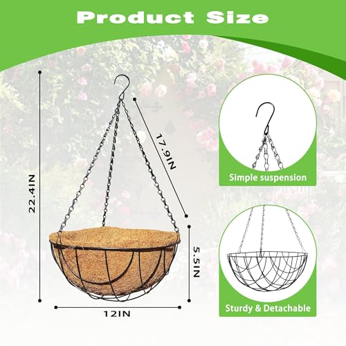 2 Pack 12 Inch Black Metal Hanging Basket Hanging Planter with Coco Coir Liner Heavy Duty Hanging Flower Pot Holder for Indoor Outdoor Patio Garden Porch Balcony Decor (Earth) - color: Earth