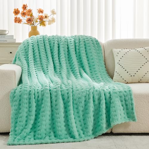 NEWCOSPLAY Super Soft Throw Blanket Aqua Premium Silky Flannel Fleece 3D Waffle Checkered Lightweight Bed Blanket All Season Use (Aqua, Throw(50"x70")) - color: Aqua, size: Throw(50"x70")