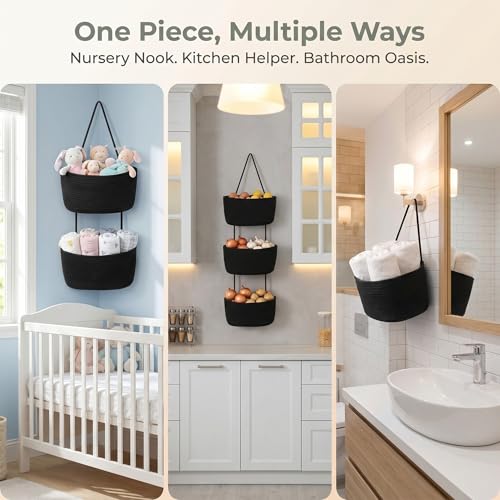 Black 3-Tier Woven Cotton Rope Hanging Basket, Over the Door Organizer, Adjustable Detachable Wall Basket with Metal & Adhesive Hooks, No Drilling for Laundry Room, Utility Room & Closet - style: Modern