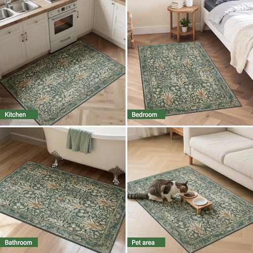 Vintage Floral Entryway Rug 2X3 Rugs,Soft Non-Slip Machine Doormat for Entrance,Stain Resistant Small Area Rug for Bedroom, Kitchen, Laundry, Bathroom - color: Darkgreen, size: 2' x 3' (Rectangular)