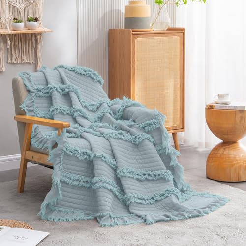 Ultra Soft Pre-Washed Warm Quilted Throw Blanket, Ruffle Fringed Blue Green Boho Decorative Throw, Stone Washed Chic Rustic Blanket for Sofa Couch Bed Chair, 50"x 60" - color: Blue Green, size: 50"x60"