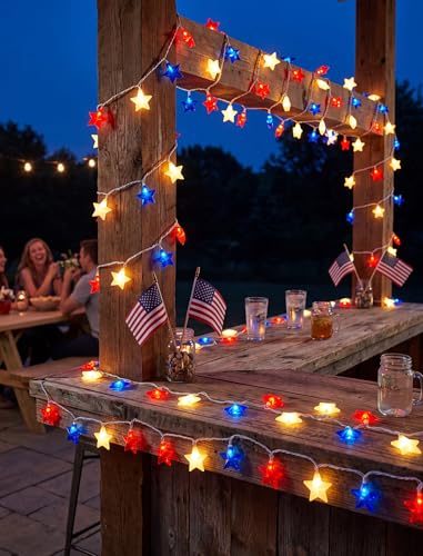 8.5Ft Red White and Blue Star Lights, 4th of July String Lights Plug in with 10 Five Star LED Bulbs, Fourth of July Decorations for Independence Day Patriotic Party, White Wire - color: 10 Red White Blue Five-Star