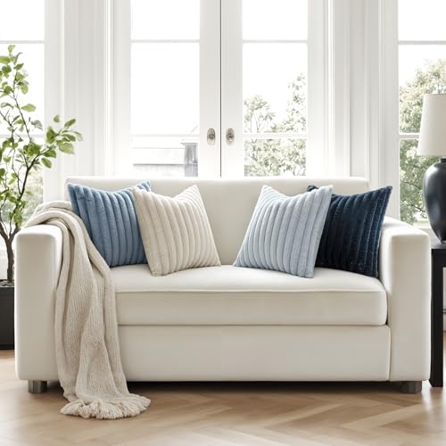 MIULEE Faux Fur Plush Decorative Throw Pillow Covers 18x18 Set of 4, Summer Modern Soft Fuzzy Coastal Striped Cushion Covers for Sofa Couch Bed Living Room Cozy Home Decor,Navy Blue - color: Navy Blue, size: 18" x 18" (Pack of 4)