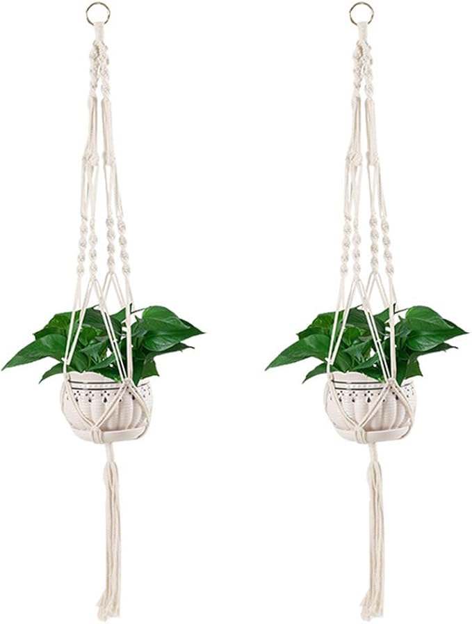 Vpang 2 Pack Colorful Cotton Macrame Plant Hanger, Outdoor Indoor Hanging Planter Basket Flower Pot Holder Boho Home Decor 40 Inch (White)